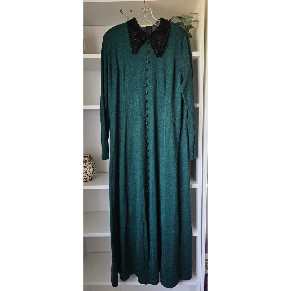 R&K Originals Green Maxi Dress‎ Black Velvet Eyelet Collar Dark Academia Sz 16